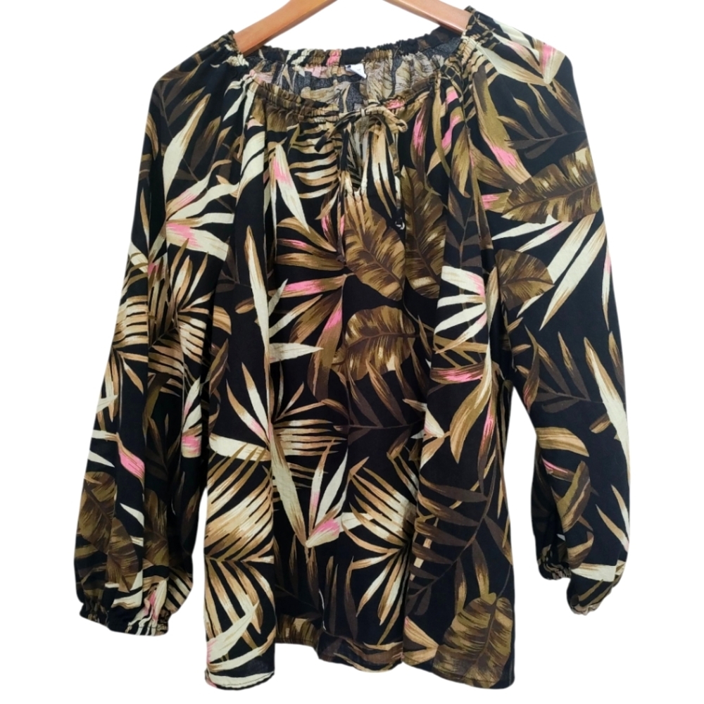 Old Navy Palm Leaf Print Long Sleeve Tie Neck Top